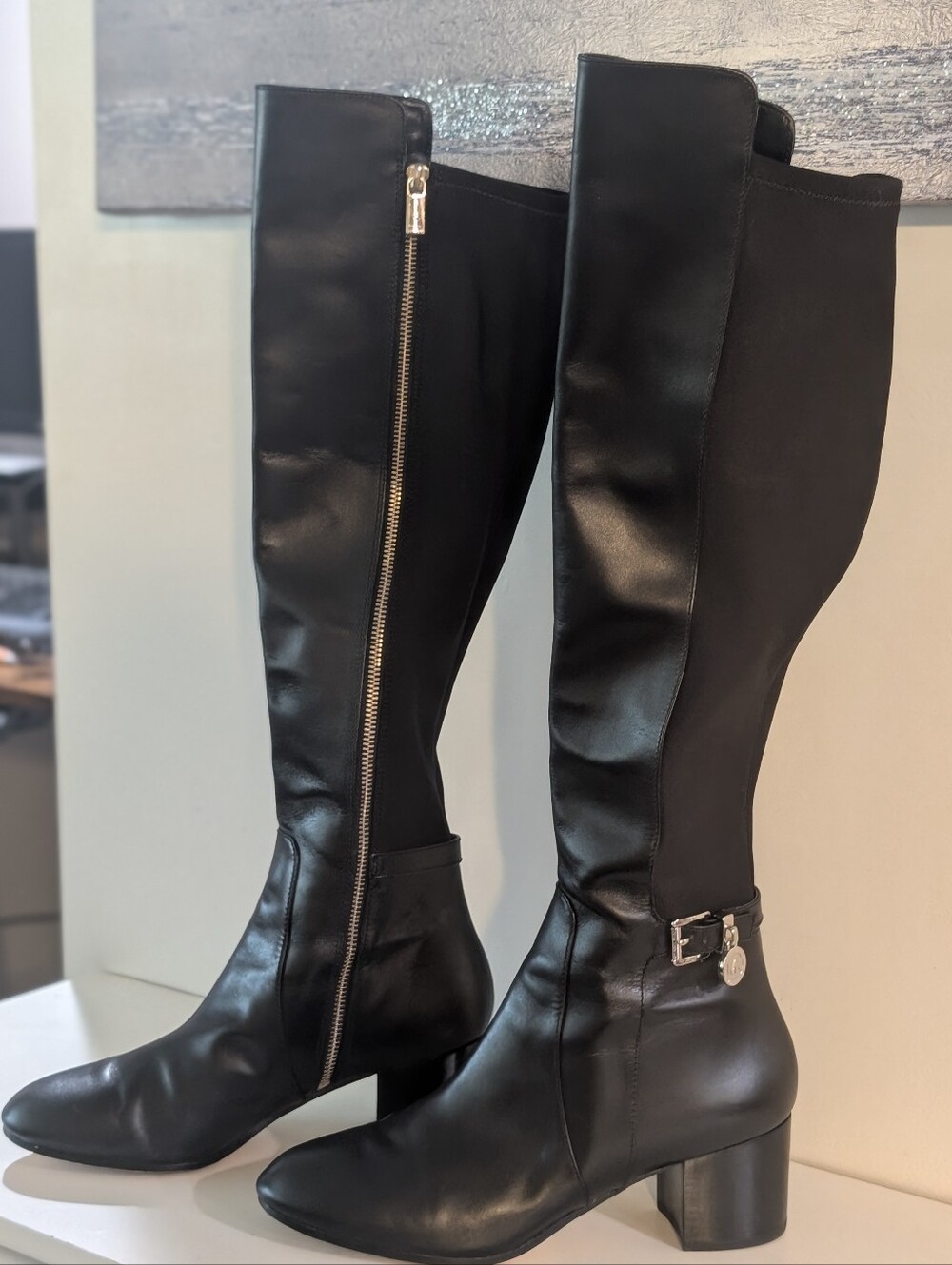 Michael Kors Black Knee-High Leather Heeled Boots with Zipper